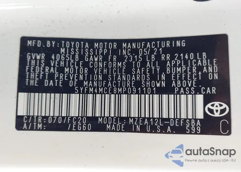 2021 Toyota Corolla Se 6Mt z USA, uszkodzony, nr VIN 5YFM4MCE8MP091101